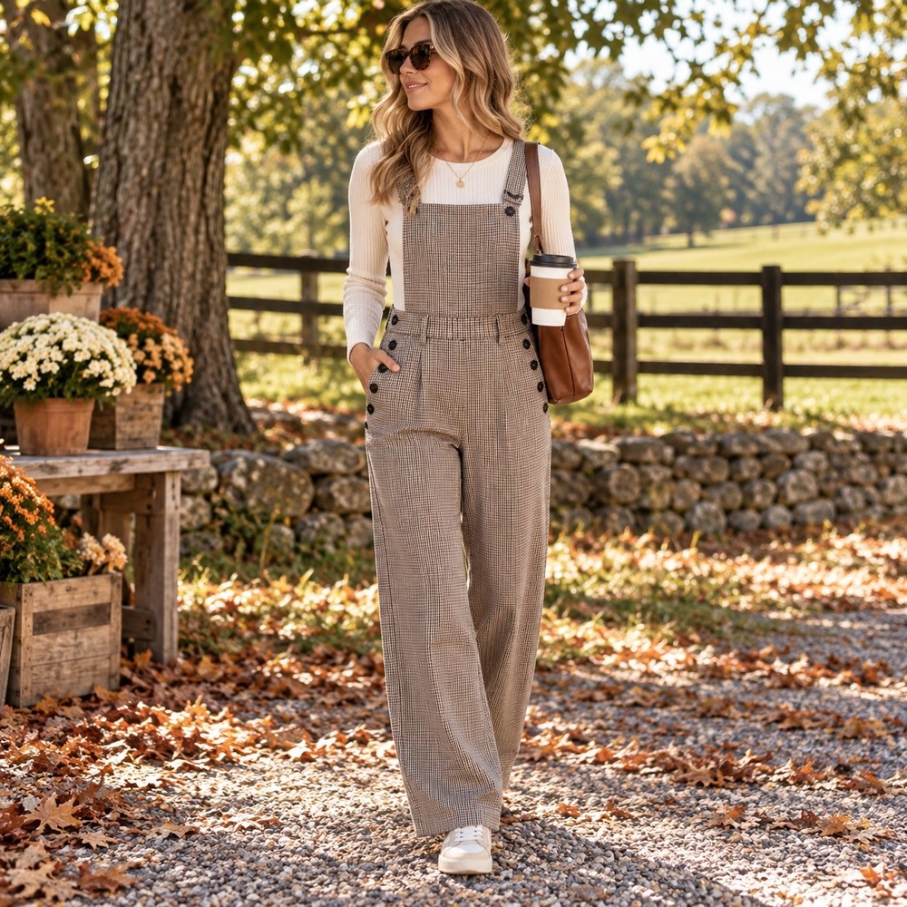 Cider Houndstooth Wide Leg Overalls Brown Tan Plaid Bib Jumpsuit XL Fall Country